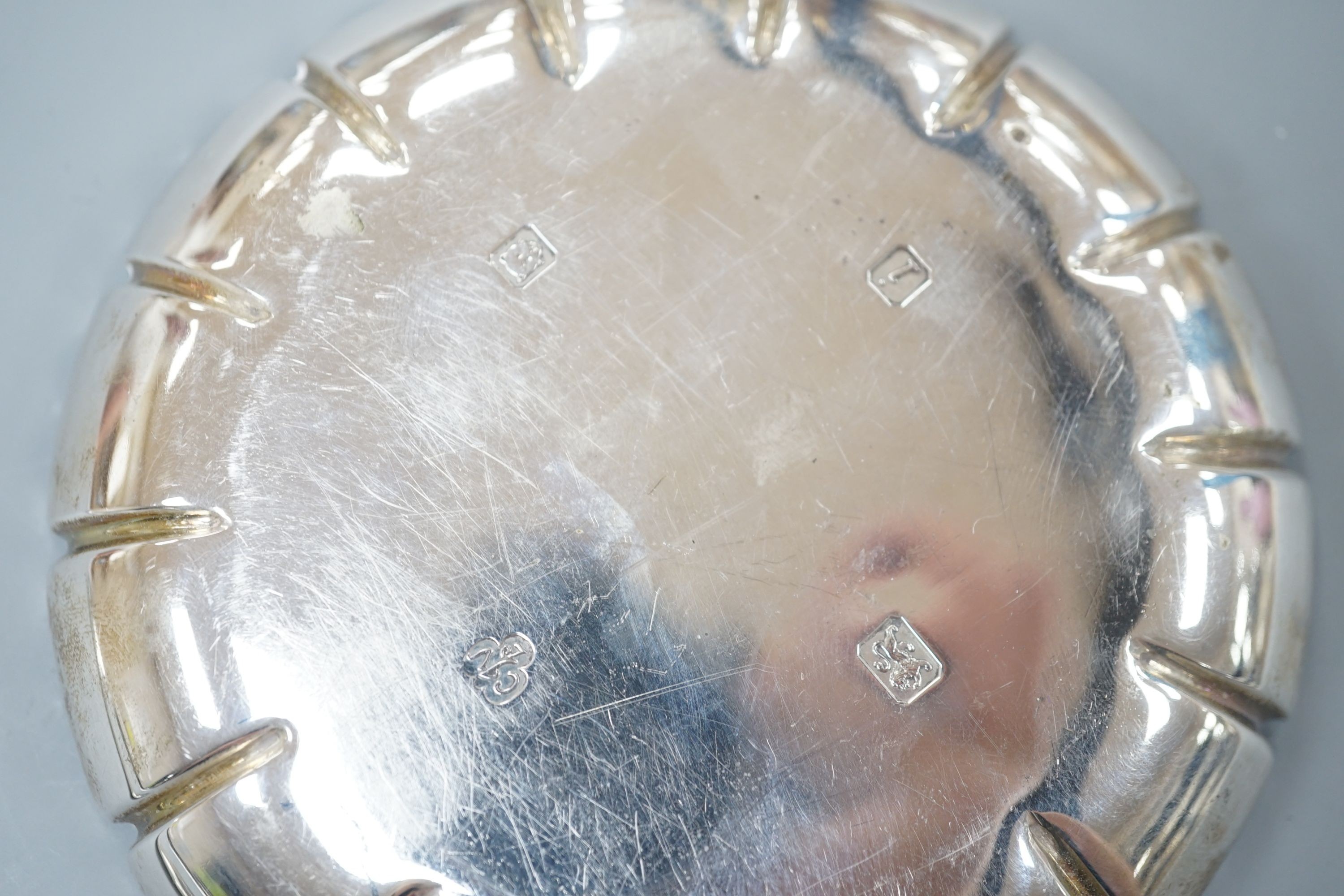 A 1960's silver dish, by C.J. Vander Ltd, 11.6cm and a silver fork, 4oz.